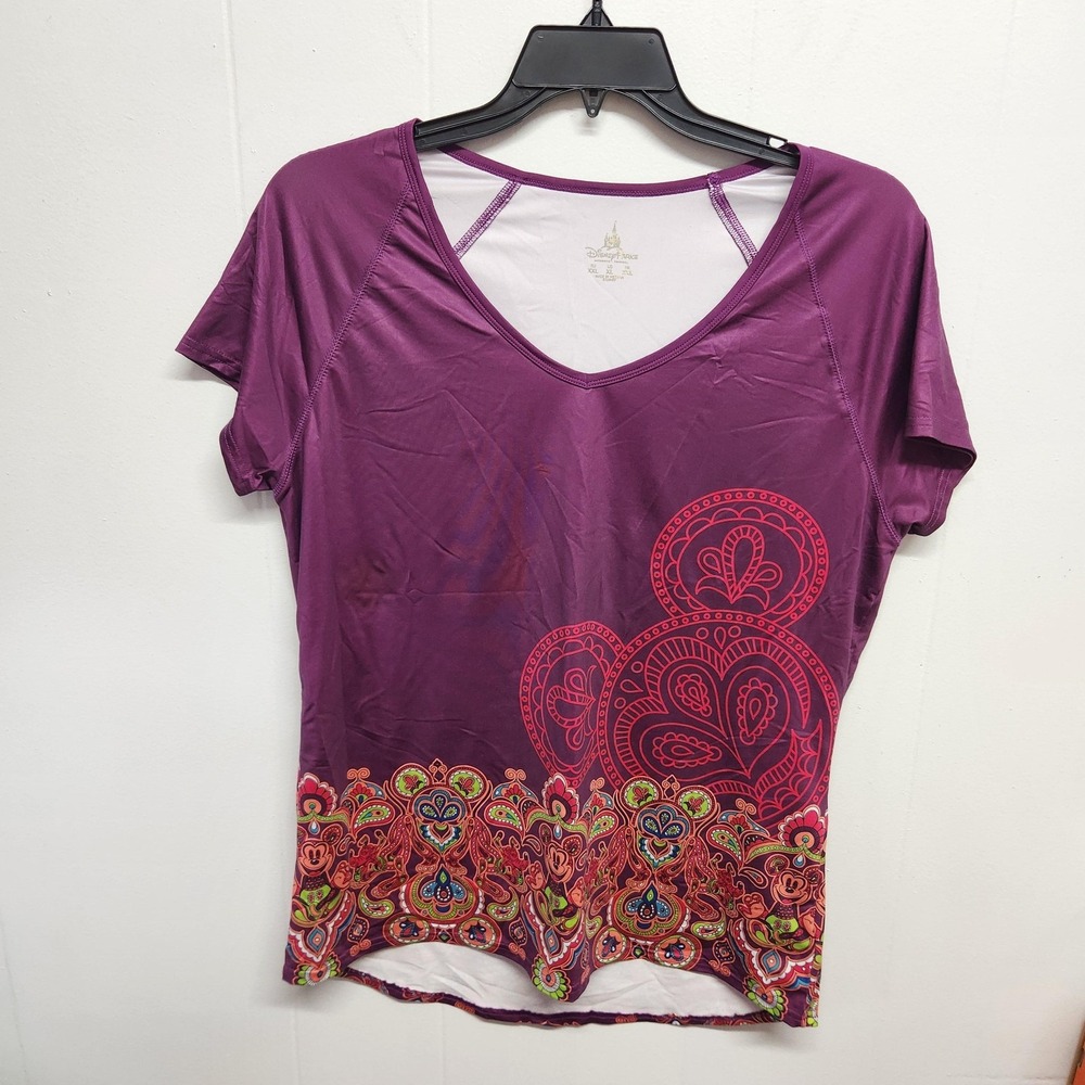 Disney Parks Mickey Mouse Shirt Womens XL Purple Paisley V-Neck Short Sleeve‎